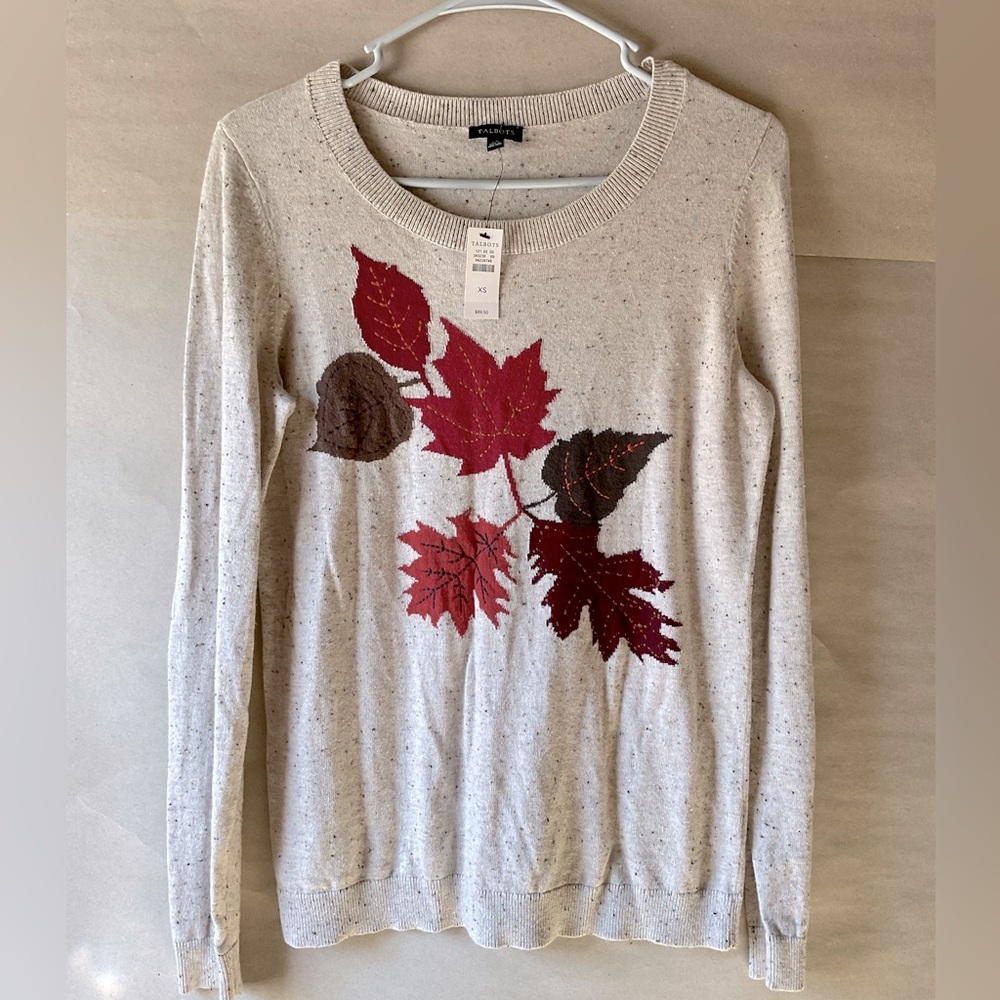 Talbots Speckled Knit Sweater with leaves. NWT. Size XS